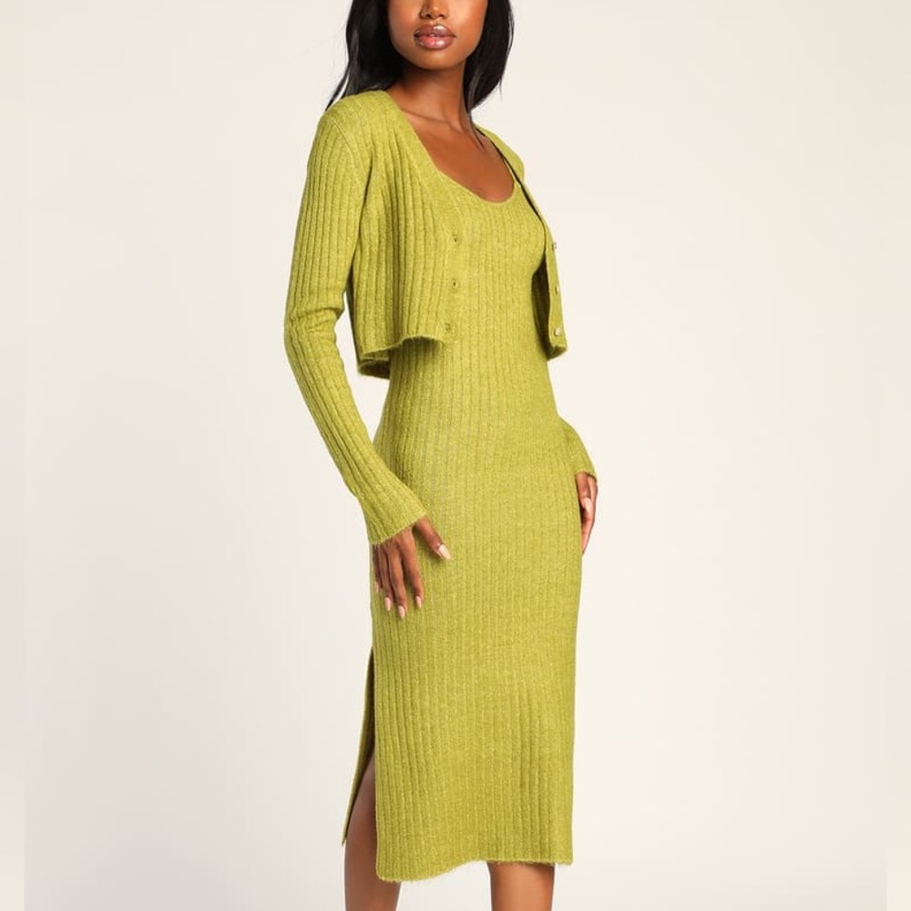 LULUS Iconic Duo Lime Green Ribbed Knit Two-Piece Midi Sweater Dress